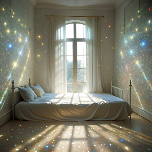 close white glitter powder-real retro bedroom bed window curtain  white The  Bioluminescent  phenomenon ultra  Amazing light reflections 
