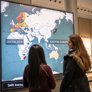 Interactive world map highlighting ethnic groups in Central Asia, Eastern Europe, and parts of South America.