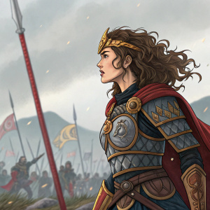 Lady Kayura, warrior from Ronin Warriors, standing in battle-ready pose. Wavy brown hair, adorned with intricate armor. Background of chaotic battle scene