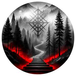 vegvisir runes geometric symbol - stairs and trees - tattoo design - perfect realistic art - high-definition - grey and black - white background 