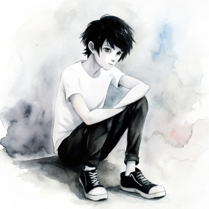 handsome teenager guy. White skin, black eyes, white T-shirt, black pants. black sneakers. black hair he sits and is sad