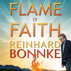 The cover of 'Flame of Faith' by Reinhard Bonnke. A dynamic flame graphic in vibrant colors, set against a bright and engaging background.