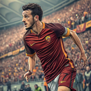 Alessandro Florenzi, soccer star, mid-game pose at a packed stadium. Action shot with blurred background.