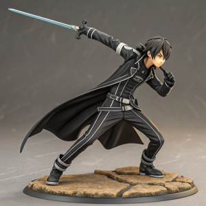 3D rendered figure of Kirito from Sword Art Online. Detailed lifelike model in mid-action pose. Neutral-toned background with textured surface.