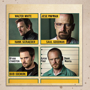 Promotional poster featuring mugshots of Breaking Bad characters, each with a bio section listing the actor's name.