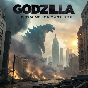 Promotional billboard for Godzilla: King of the Monsters. Epic cityscape destruction, surrounded by swirling clouds of smoke and debris, with Godzilla towering over it all.