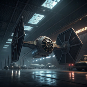 Star Wars Tie Fighter in a hangar bay. Dark and moody atmosphere, detailed textures, engine glow
