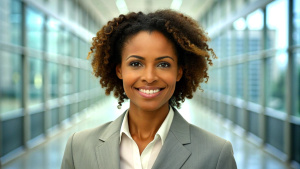 portrait of successful brown  businesswomen consultant looking at camera and smiling inside modern office building