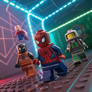 Digital illustration of Lego Marvel Studios Spider-Man: No Way Home. Futuristic and neon-inspired background. Multiple Lego-style Spider-Man characters in action poses.