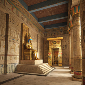 High-resolution digital art of an ancient Egyptian throne room. Luxurious with gold and hieroglyphics. Pharaoh statue at the entrance.