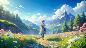 "Experience the beauty of nature as an anime character takes a peaceful walk through a field filled with delicate flowers and majestic mountains. The high quality rendering and 4k resolution make this scene come alive with stunning detail."