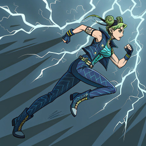 Illustration featuring Jolyne from JoJo's Bizarre Adventure. Dynamic action pose. Electric blue and dark grey background with sharp lightning shapes. Manga style art with thick lines and vibrant contrasting colors. Detailed characters and energetic scene