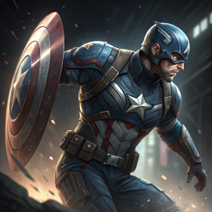 Digital art of Captain America. High-tech suit, detailed textures, dynamic pose, dark background with light effects. Focus on the action and design of the suit.