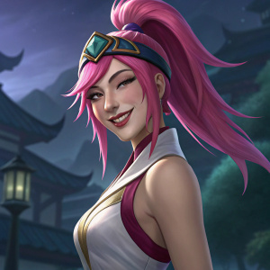 In-game screenshot: League of Legends champion Akali, in a mischievous pose, winks at the camera. Her pink hair and elegant attire stand out against the dark, mystical background of the Institute of War.