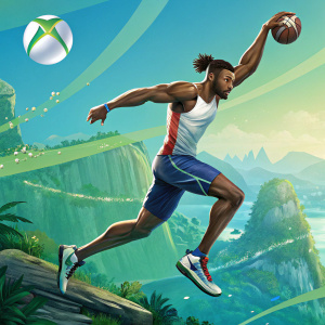 Game cover art for Kinect Sports Rivals. Xbox One console game. Muscular athlete in mid-action pose. Outdoor setting. Vibrant green and blue hues. Digital illustration style highlighting action and athleticism.