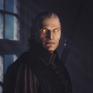 Digital illustration of Geralt of Rivia, strong, weathered face, glowing eyes, intense expression. Dark, shadowy background with bluish hue. Realistic style, detailed focus on features and light-shadow play.