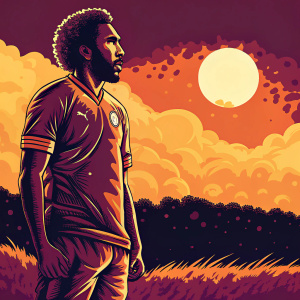 Pixel art illustration of Pierre-Emerick Aubameyang. Wearing Arsenal FC jersey. Standing on green field. Bright sun in background