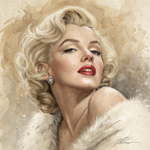 Oil painting of Marilyn Monroe. Vintage Hollywood glamour. Aged texture, soft brush strokes. Hand to chin pose. Muted earth tones