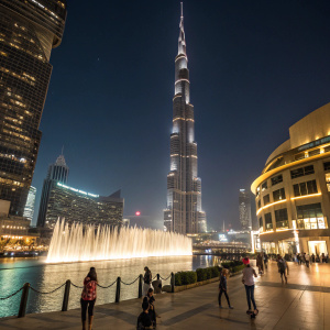 At night, the Burj Khalifa's lights sparkle against the dark sky. A vibrant fountain area reflects the skyscraper's illumination. Surrounding modern buildings glow with their own designs. The scene is bustling with life.