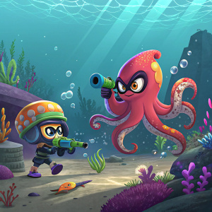 Nasty Majesty theme showcased in Splatoon 2's Octo Expansion DLC, featuring vibrant octopus characters in an underwater arena.