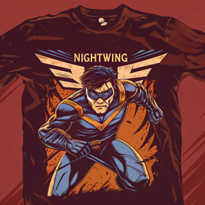 Nightwing-themed t-shirt. Graphic of Nightwing in action pose. Vibrant colors, blue, black, yellow. Nightwing logo at top. Dark navy blue shirt.