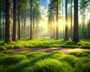 paisaje animado de un bosque de fondo pero que en la parte de abajo sea todo piso cesped, 