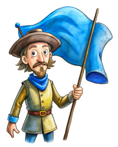 funny cartoon illustration of an unhappy standard bearer of Middle Ages lifting a blue flag and wearing brown clothes and hat, vintage cartoon effect, white background