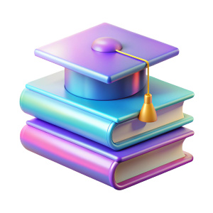 Holographic a graduation tassel hat rests on a stack of three books Futuric stile