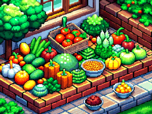 a clean big  vegetable-garde. lot of fresh vegetables. main color red and animals