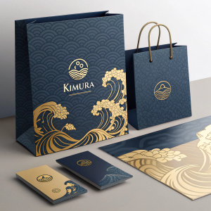 Digital graphic design portfolio for Kimura brand. Includes logo featuring wave-like pattern with kimura name in bold gold font. Business cards and promotional materials in navy with gold accents. Overall palette uses shades of navy and gold for a luxurious feel.