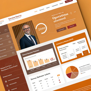 Homepage for Baxter Storey's Operations Portal. Sleek design with a professional, business-centric look. Warm color scheme, featuring orange and brown hues. Includes sections for announcements, calendar, pie charts, and clear headings for easy navigation.
