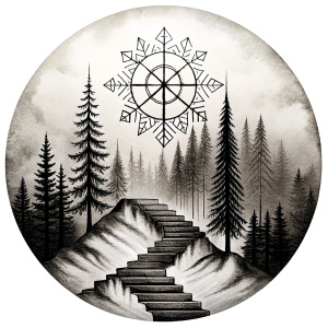 vegvisir runes geometric symbol - stairs and trees - tattoo design - perfect realistic art - high-definition - grey and black - white background 