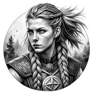 shieldmaiden, high-definition blackwork realistic design, white background tattoo stil