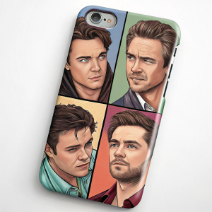 An iPhone case featuring a mosaic of male celebrities from Hollywood. The faces showcase a range of expressions and styles.