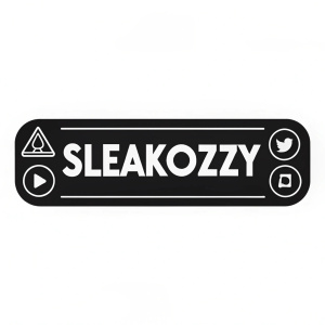 Minimalist logo for Sleakozzy, a prominent social media influencer. Clean, black and white design. Sleakozzy name in bold font, with icons for social media platforms Instagram, YouTube, and Twitter. Flat design, no 3D effects.