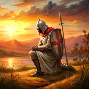 a crusader soldier kneeling at sunset with the shield 