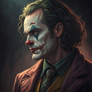 Joaquin Phoenix in character as Joker, intense gaze, detailed makeup and hairstyle, posing against dark background, dramatic lighting, cinematic close-up