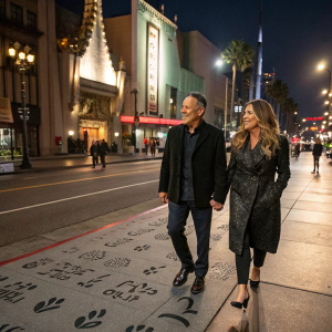 Tom Hanks and Rita Wilson walking on Hollywood Boulevard. Grauman's Chinese Theatre with iconic handprints visible.