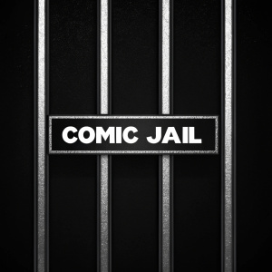Logo of Comic Jail features sleek, vertical bars creating a modern look. Utilizes simple sans-serif font highlighting its contemporary feel. Set against stark black background for a polished appearance.