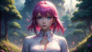 женщина розовые волосы, большая грудь, в полный рост, фон лес и деревня, стиль манга, белая сорочка