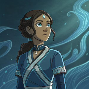 Digital illustration of Katara from Avatar: The Last Airbender. Dark, ethereal background highlighting the intricate details of her waterbending outfit and glowing eyes.