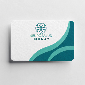NeuroSalud Munay's sleek business cards. Teal and white color scheme, minimalist design, abstract logo.