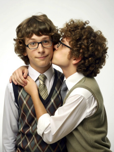 two cute slender high school curly guys in glasses hugging and kissing