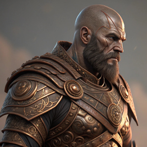 High-resolution render of Kratos from God of War, featuring intricate bronze armor. Close-up shot emphasizing textures and details.