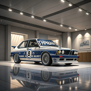 Vintage rally car, blue and white with Rothmans logos, center stage in a modern showroom. Clean, minimalist setting