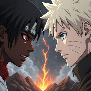 Digital illustration showcasing a tense standoff between two anime characters. Close-up view of their faces, highlighting distinct features and intense expressions. The character on the left has dark skin, red eyes, and a menacing expression. Opposite, the character on the right features light skin, blue eyes, and a concentrated gaze. The backdrop is a chaotic mix of fiery explosions and jagged ice formations, adding to the dramatic atmosphere.