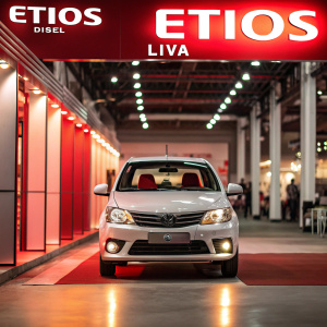 Toyota Etios Diesel showcased at an automotive expo. Prominently displayed 'ETIOS' and 'ETIOS LIVA Diesel' in vibrant red and white. Soft, warm lighting highlights car and text.