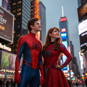 Peter Parker and Mary Jane Watson in vibrant superhero costumes. Times Square, dynamic poses, busy cityscape backdrop