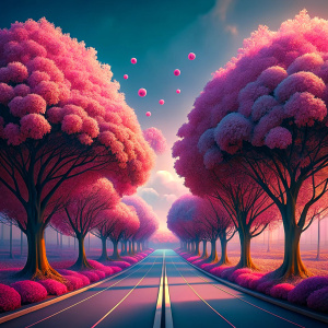 left and right big pink trees swinging and in road is in middle straight like highway and some flowers landing on road from trees 














