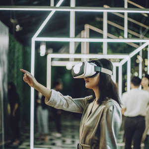 An Asian woman wearing a VR headset at a tech conference. Dark, futuristic room with neon accents. She extends her arm forward, immersed in the virtual reality experience.